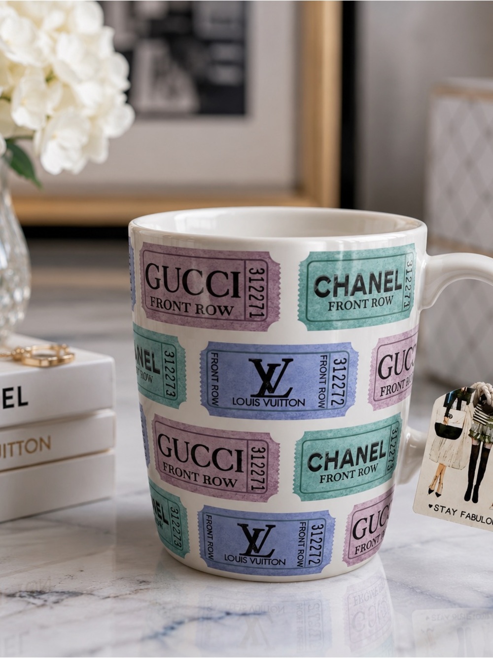 NEW Amanda Greenwood Art Designer “Front Row” Fashion Ticket Print Ceramic Mug